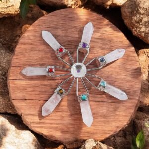 Générateur d'énergie en cristal de roche et 7 chakras. Diamètre env 12 cm.